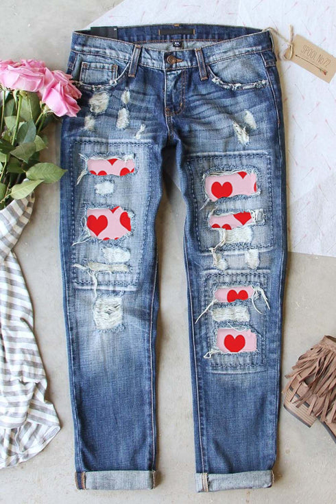 Sky Blue Valentine'S Day Heart Patchwork Distressed Jeans
